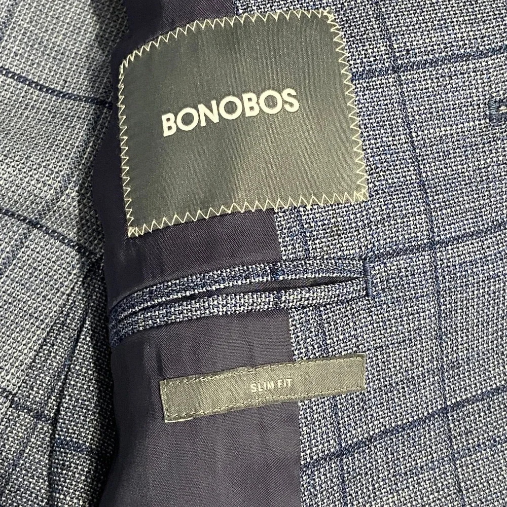 Bonobos Jetsetter Slim Fit 42R Blue Windowpane Plaid Stretch Wool Blazer